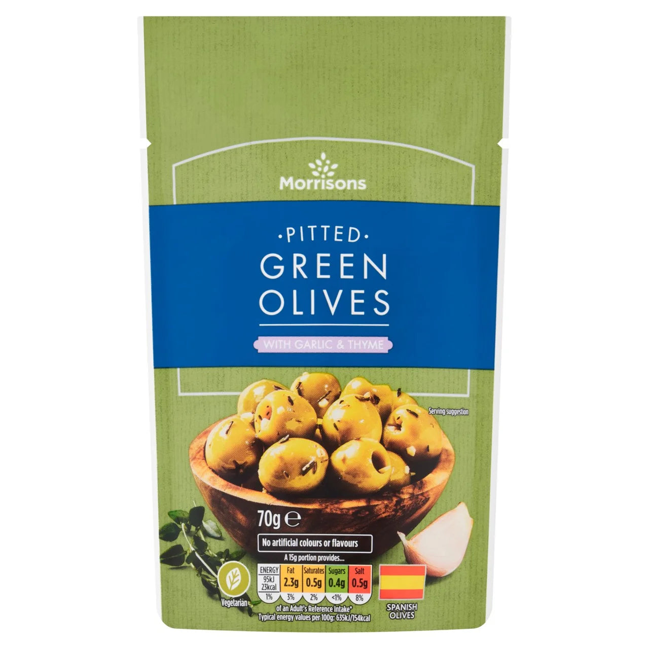 Morrisons Pitted Green Olives with Garlic Thyme 70g
