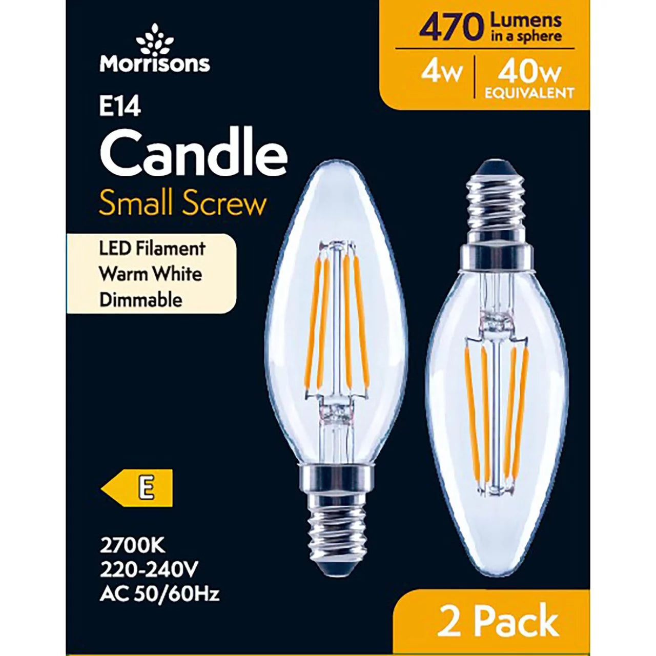 Morrisons LED Candle 470 Lumens BC 4.2W Dimmable 2pk
