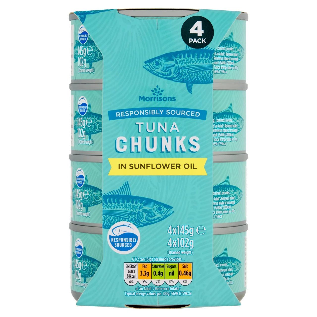 Morrisons Fad Free Tuna Chunks In Sunflower Oil 4 x 145g