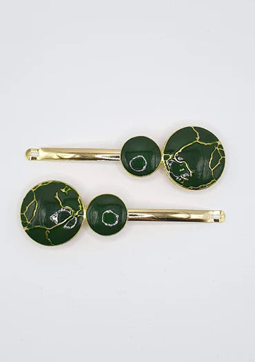 Alice - Green Marble Circle Hair slides