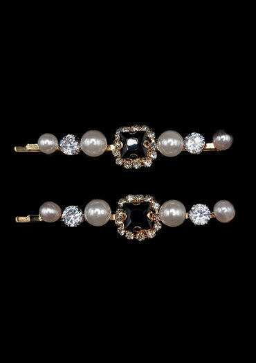 RW-Constance Pearl & Black Crystal Hair Slides