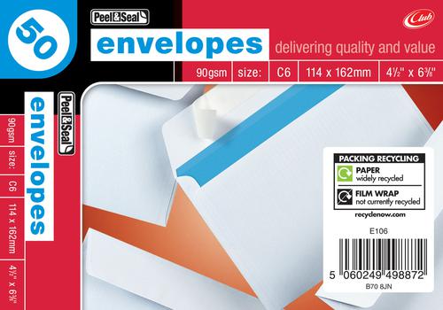 C6 White Peel / Seal Envelopes (pk of 50)