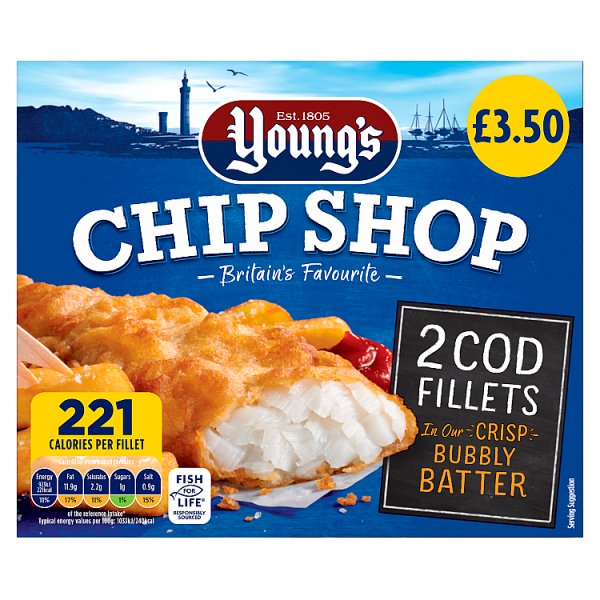 Youngs Chip Shop 2 Cod Fillets Bubbly Batter PM3.5