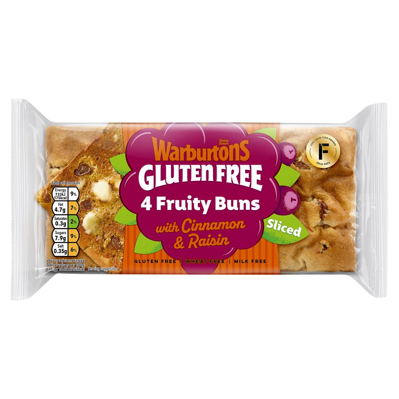 Warburtons Glutenfree Soft Cinnamon & Raisin Fruity Buns 4pk