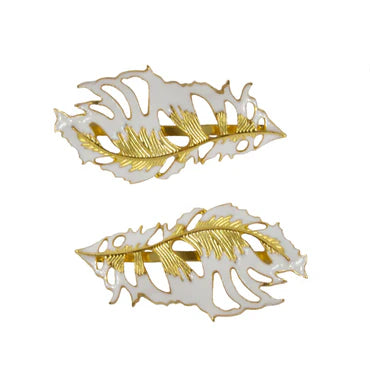 RW Jacinta White/Gold Feather Hair Slides