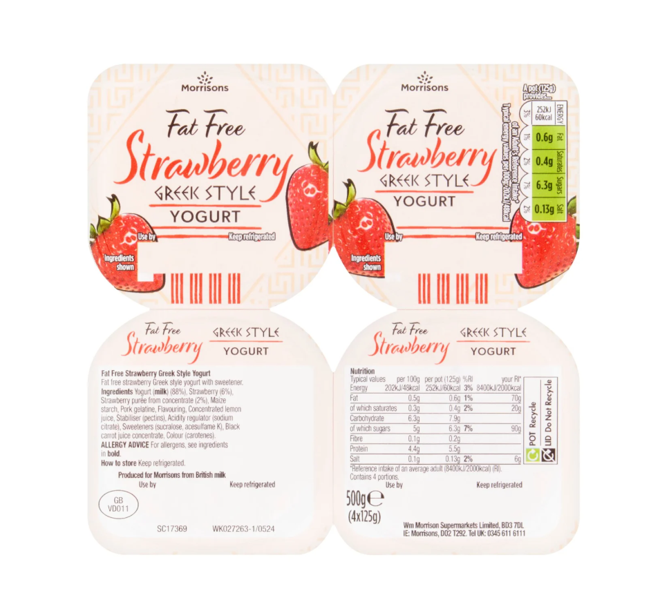 Morrisons 0% Fat Greek Style Yoghurt Strawberry 4 x 125g