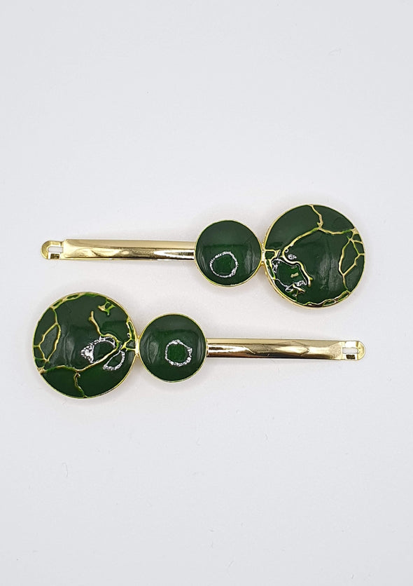 Alice - Green Marble Circle Hair Slides