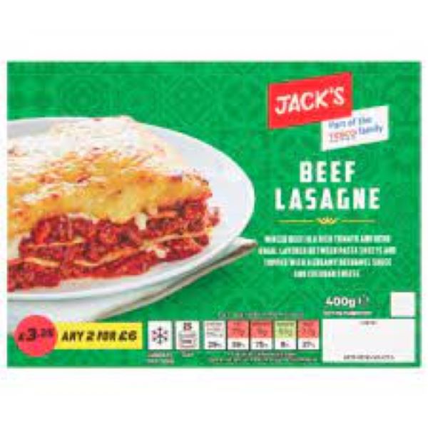 Jacks Beef Lasagne 400g £3.75 or 2 for £6