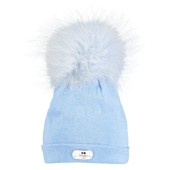 Fine Knit Pom Hat - Pale Blue 6-12 months