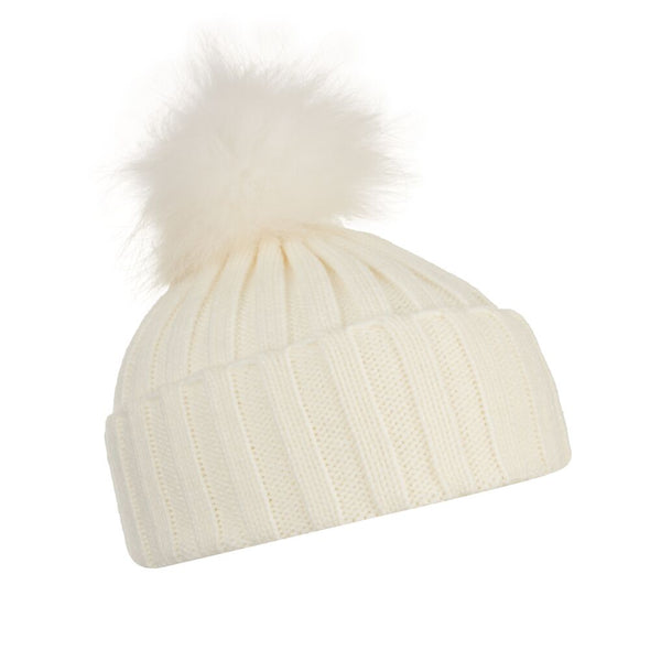 Ribbed Pom Pom Hat - White S/M