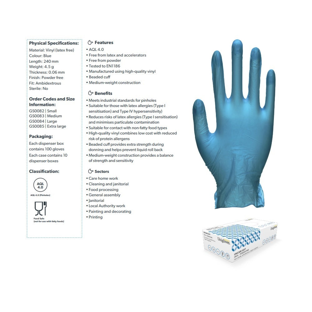 Unicare Blue Vinyl Powder Free Gloves - Large